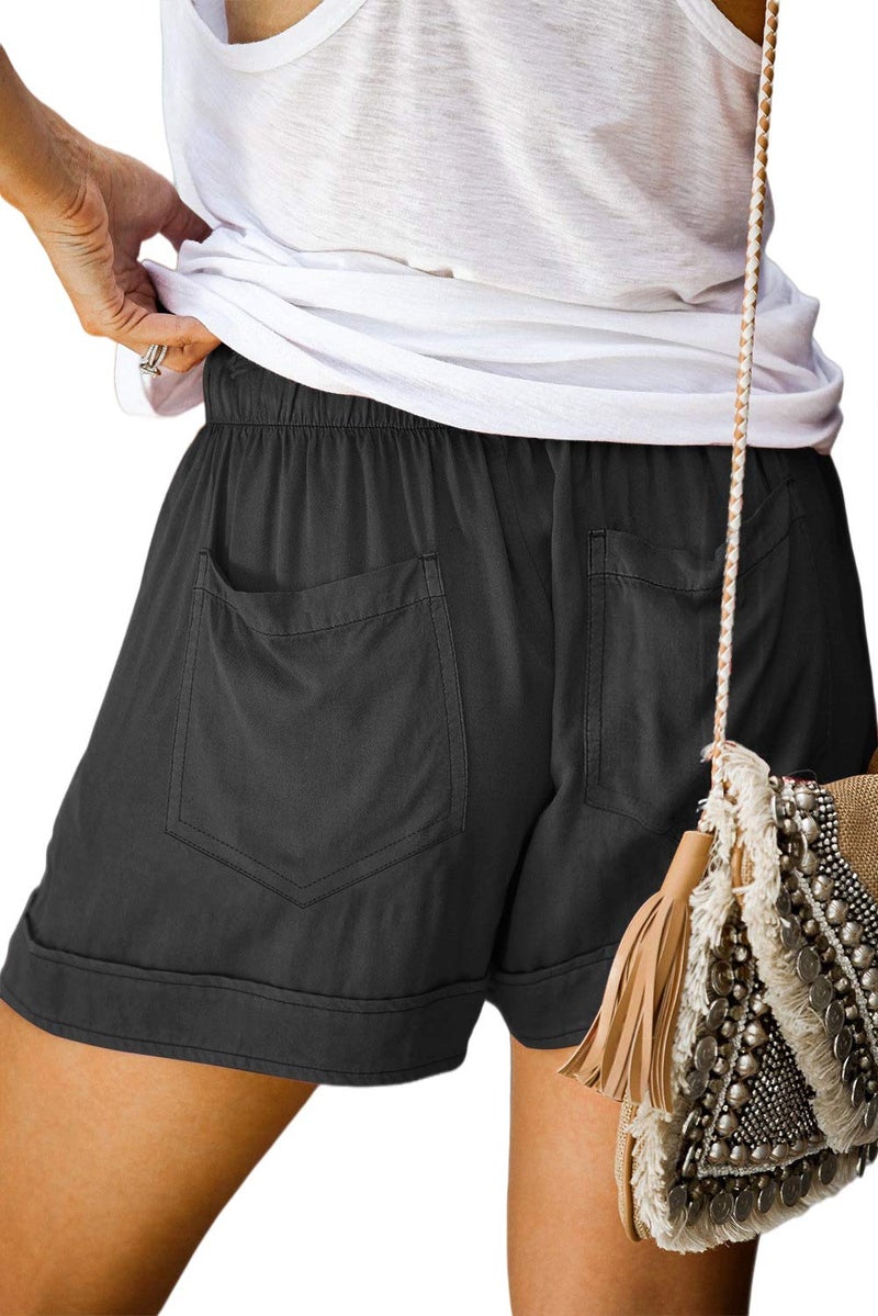 KISSMODA Women's Black Cotton Shorts Linen Lounge Elastic Waist Comfy Wide Leg Loose Shorts with Pockets - Image 2